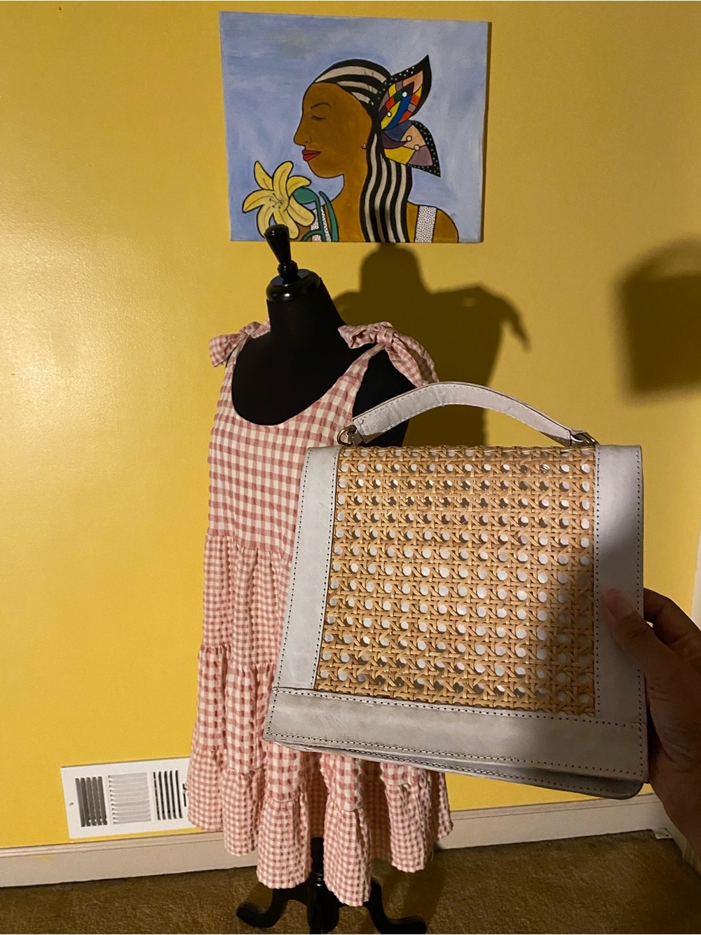 Woven Rattan Panel Top-Handle Bag in White and Natural